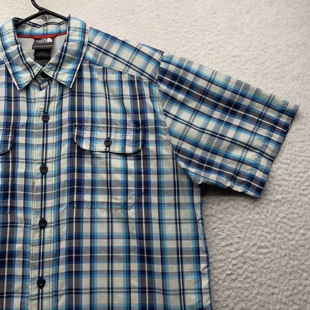 The North Face Button Up Shirt Mens Small Blue White Plaid Tencel Hiking Camping